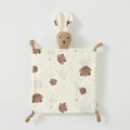 Brown cotton gauze baby security blanket with stuffed rabbit head and bear patterns - Bear & Planet (Floral Rabbit)