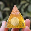 Orgonite pyramid with yellow crystal stones and copper coil for home office decor - Citrine Crystal Column / Small