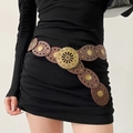 Ceinture bohème en cuir marron avec rivets dorés et boucle ronde en métal vintage - 15# Pièce métallique à motif creux marron