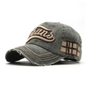 Close-up of distressed brim and 3D Jeans embroidery on washed cotton baseball cap - 56-60cm / Army Green