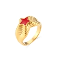Detailed shot of 18K gold plated ring featuring red enamel star and wavy band textures - US 8 / Red