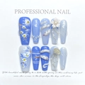 Exquisitas uñas postizas 3D con diseños de camelia pintados a mano en azul y blanco - Yuanqi Yuming (1086) / Extra Pequeño (XS)