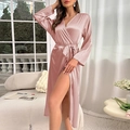 Elegant lotus pink satin long-sleeve bathrobe with silk-like finish and waist tie belt - S / Lotus Pink