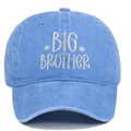 Macro detail of Big Brother white embroidery on a washed blue vintage baseball cap - Light Blue