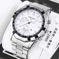 Silver stainless steel men's business quartz watch with white dial and tachymeter bezel - Prestige Silver Band White Face