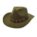 Detail of olive green wool felt cowboy hat with vintage studded brown leather band - M (56-58cm) / Army Green