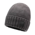 Dark grey ribbed knit beanie for winter featuring a fold-over cuff and mountain patch - One Size / Light Gray