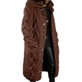 Detail view of long brown chunky knit cardigan with large buttons and hood on white background - S / Brown