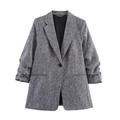 Damesblazer van grijze tweed met geplooide mouwen en één knoop voor een casual kantoorstijl - XS / Grijs