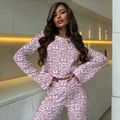 Women's 2-piece loungewear set with leopard print, long sleeve crop top and matching pants - S / Pink Leopard