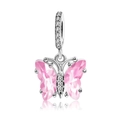 Detailed close-up of a silver butterfly charm with pink gemstones and clear crystals - Pink