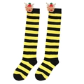 Close-up of kids Christmas knee-high socks with black and yellow stripes and 3D reindeer doll - Kids (7-12 Years Old) / Black Yellow Stripes / Red Hat Reindeer