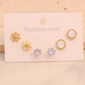 Close-up of a 3-pair stainless steel stud set with flower, zircon, and pearl inlay - 1# Flower Round Style