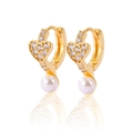 Elegant gold heart earrings featuring white pearls and zircon stones on white background - Heart Pave Zirconia Pearl Buckle (EH412011)