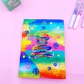 Detail of plush rainbow sequin bear notebook with embroidered Agenda text for kids - Bear