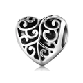 Silver hollow heart charm with intricate filigree patterns and S925 sterling silver mark - Hollow Scroll Heart Bead / Silver