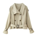 Women's classic beige double-breasted short trench coat with waist belt and lapel collar - S / Apricot