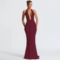 Detail of elegant burgundy maxi dress with deep V-neck, neck tie and gathered waist design - S / Red
