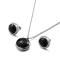 Silver stainless steel jewelry set with black round zircon necklace and stud earrings - Black
