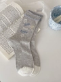 Süße graue Baumwollsocken für Damen mit blauem Bommelsaum und fröhlichem Welpen-Muster - Einheitsgröße / Graue Doppelte Spitze