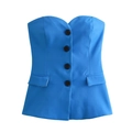 Detail of royal blue tube vest with four black buttons and faux flap pockets - XS / Blue Top