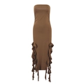 Detailed view of brown bodycon tube dress with layered ruffle hem for beach vacation - S / Coffee