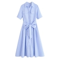 Blue and white vertical striped poplin shirt dress with collar and waist tie belt - Blue Stripe