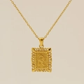Gold rectangular pendant necklace with embossed letter R and intricate hollow patterns - Letter R
