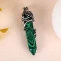 Green striped natural stone hexagonal pendant with vintage silver flower wrap detail - Malachite-toned Stone