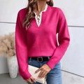 Magenta V-neck sweater with white lace trim and loose long sleeves for a stylish casual look - S / Rose Red
