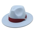 Detail of light blue wool fedora with a dark red satin band and crystal buckle - M(56-58cm) / Sky Blue
