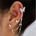 Silver butterfly ear cuff and stud set with chain fringe and shimmering rhinestones - Butterfly Zircon Silver
