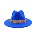 Detail of blue felt fedora hat featuring woven band with small seashells and colorful tassels - Sapphire Blue