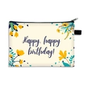 Beige fabric pouch with colorful floral print and Happy birthday text in a studio setting - Yellow Teal Flowers Style (11)