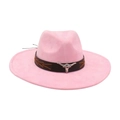 Pink western cowboy hat with black leather strap and silver bull head metal emblem - Pink