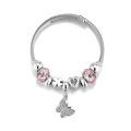 Detail view of silver stainless steel charm bracelet with pink faceted beads and clovers - No Box / Butterfly