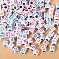 White acrylic cube alphabet beads with colorful letters for DIY jewelry making - 6x6mm White With Colored Gold Letters (100pcs)