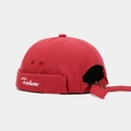 Detail view of red canvas docker cap featuring white Forever embroidery and metal buckle - Adjustable / Burgundy