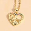 Golden heart necklace pendant featuring Mom lettering and colorful zircon stones - XL2135#3/Nested Heart Mom