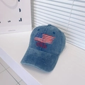 Navy blue washed denim baseball cap with USA flag embroidery and vintage curved brim - Adjustable / Denim Blue