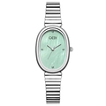 Silver oval quartz watch for women with light green mother of pearl dial and metal band - Silver Case Green Dial Silver Band