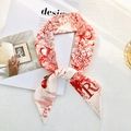 Elegant red and white Toile de Jouy patterned narrow silk scarf with letter R detail - Style R (Red/White Classic Toile de Jouy)