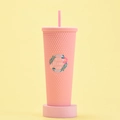 Detailed view of pink textured tumbler with Best Mom Ever sticker on yellow backdrop - Hot Pink