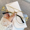 Fashionable double bridge sunglasses with leopard head accent and white leather pouch - Gold Frame Anti Blue Light Clear