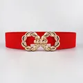 Red elastic waist belt for women with interlocking gold twisted rope buckle detail - Red Gold Buckle / 65cm