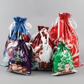 Set of 5 metallic Christmas drawstring gift bags with festive Santa and reindeer designs - Set 11 (15-Piece)
