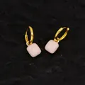 Elegant gold earrings with light pink square enamel drops on a dark textured background - Square Pendant / Cream White Square Style (EH0054 Cream)