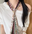 Retro floral and geometric print skinny silk scarf tied as a stylish necktie accessory - Retro Red and Green Color Block Printed Narrow Silk Scarf