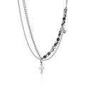 Collier à plusieurs rangs avec pendentif croix amovible en acier titane et perles craquelées - Longueur 42+5cm / Argenté