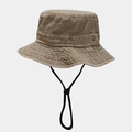 Close-up of vintage washed cotton bucket hat showing fabric texture and windproof rope - M (56-58cm) / Khaki